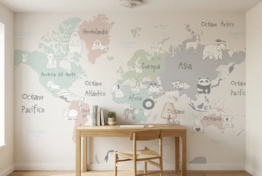 Papel tapiz Pequeño Explorador instalado en un espacio de trabajo en casa
