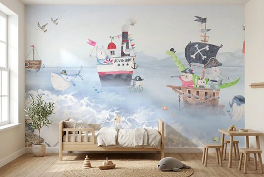 Papel tapiz Pequeños Piratas instalado en una habitación infantil
