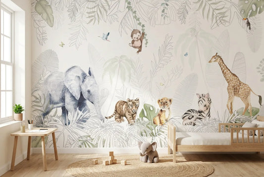 Papel tapiz Peques Safari instalado en una habitación infantil