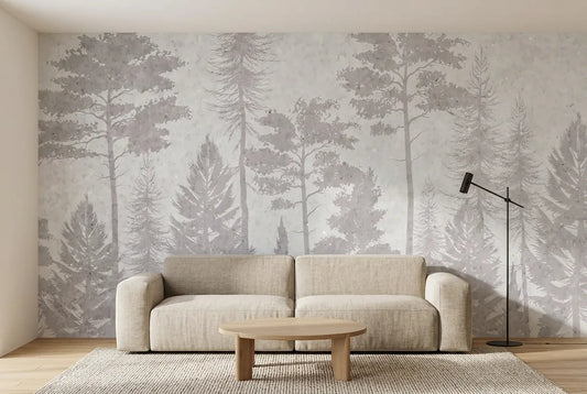 Papel tapiz Pinar instalado en una sala de estar minimalista