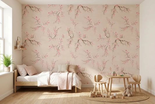 Papel tapiz Pink Blossom instalado en una habitación infantil