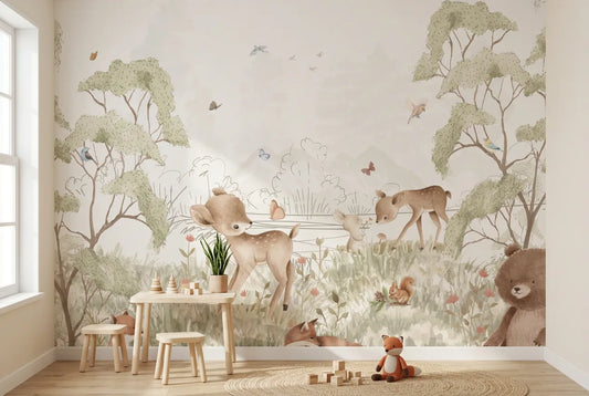 Papel tapiz Pradera Encantada instalado en una habitación infantil