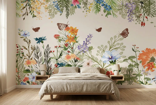 Papel tapiz Pradera Silvestre instalado en un dormitorio sereno