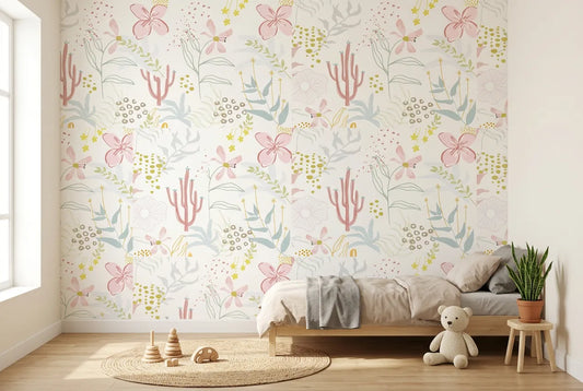 Papel tapiz Primavera Botánica instalado en una habitación infantil