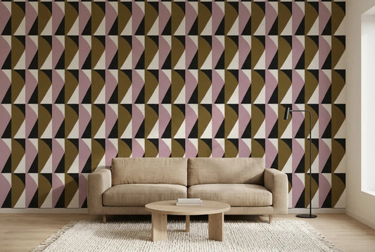 Papel tapiz Prisma Rose instalado en una sala de estar minimalista