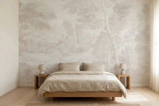 Papel tapiz Provence Light instalado en un dormitorio sereno