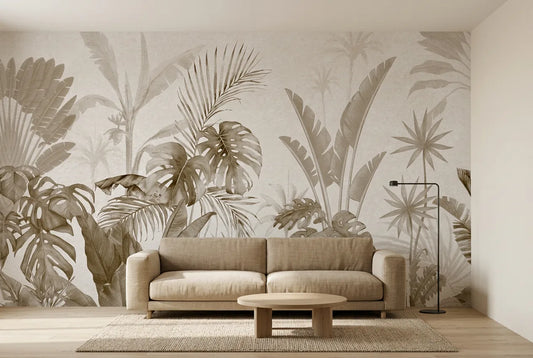 Papel tapiz Puerto Príncipe Nature instalado en una sala de estar minimalista