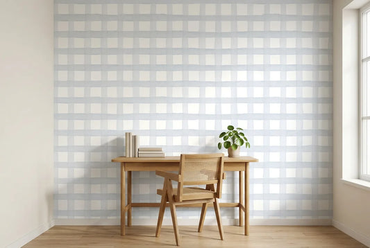 Papel tapiz Quadrille Celeste instalado en un espacio de trabajo en casa