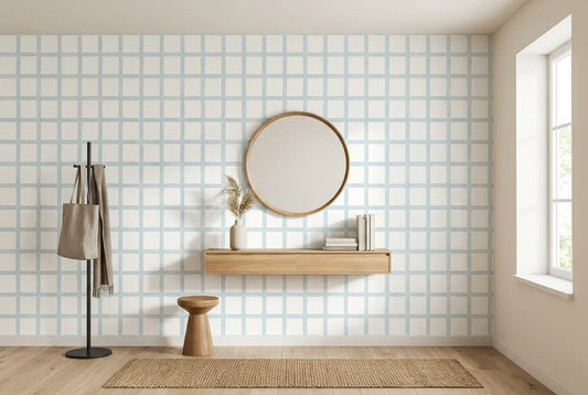 Papel tapiz Quadrille Celeste Empapelados y Patrones instalado en un recibidor de estilo nórdico