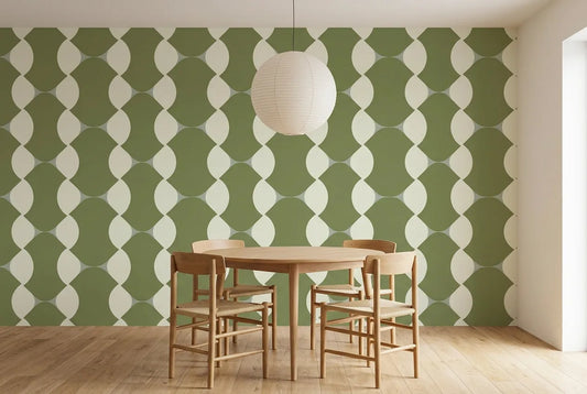 Papel tapiz Retro Oliva instalado en un comedor luminoso