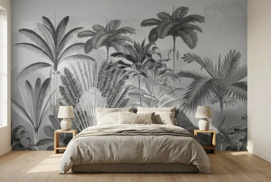 Papel tapiz Royal Palms IV instalado en un dormitorio sereno