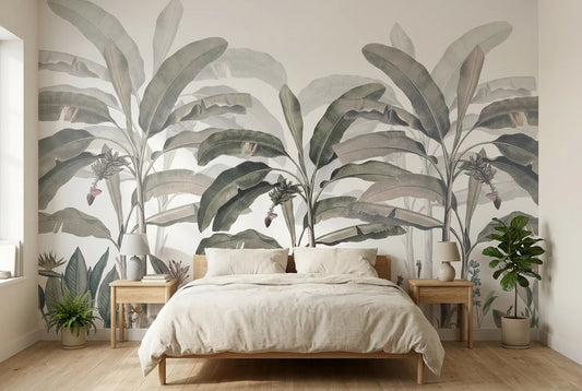 Papel tapiz Royal Palms Royal Palms instalado en un dormitorio sereno