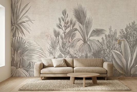 Papel tapiz Royal Palms V instalado en una sala de estar minimalista