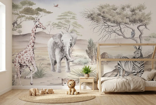 Papel tapiz Sabana Africana instalado en una habitación infantil