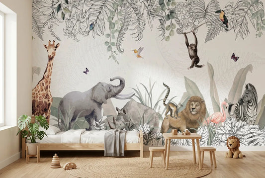 Papel tapiz Sabana Safari instalado en una habitación infantil