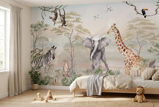Papel tapiz Sabana Safari Infantil Safari instalado en una habitación infantil