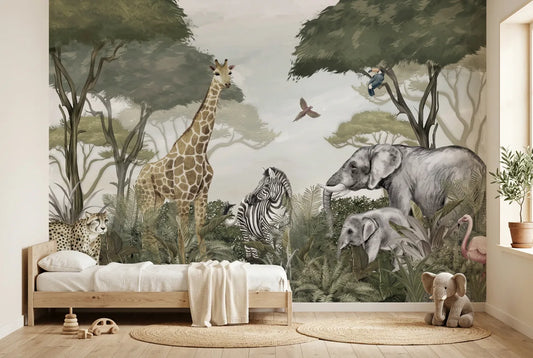 Papel tapiz Safari Africano instalado en una habitación infantil