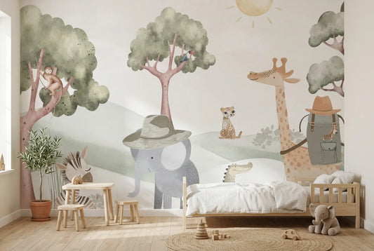 Papel tapiz Safari Land instalado en una habitación infantil