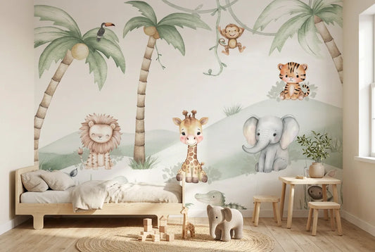 Papel tapiz Safari Peques instalado en una habitación infantil