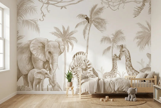 Papel tapiz Safari Sepia instalado en una habitación infantil