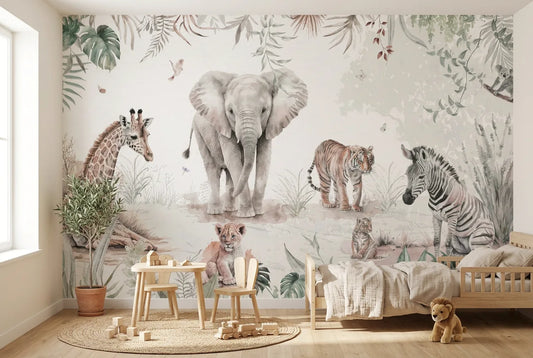 Papel tapiz Safari Silvestre instalado en una habitación infantil