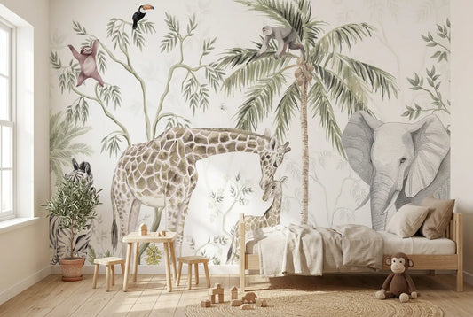 Papel tapiz Safari Thapari instalado en una habitación infantil
