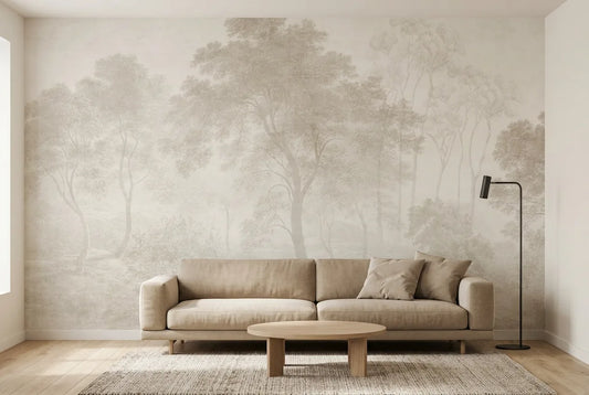 Papel tapiz Saint instalado en una sala de estar minimalista