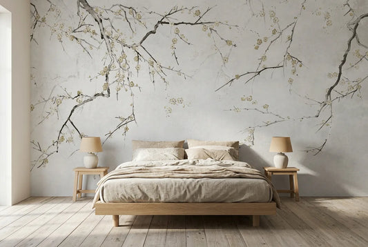 Papel tapiz Sakura Créme instalado en un dormitorio sereno