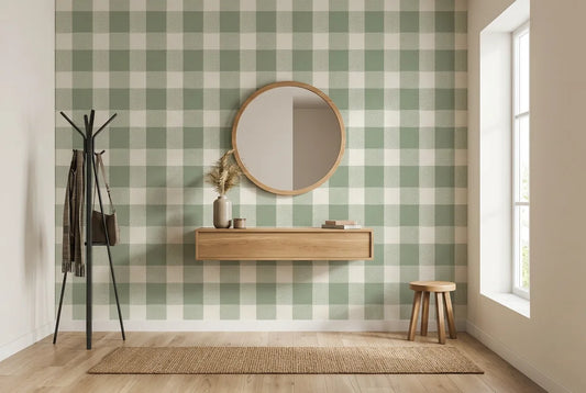 Papel tapiz Salvia Vichy instalado en un recibidor de estilo nórdico
