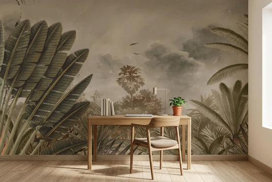 Papel tapiz Selva Bali instalado en un espacio de trabajo en casa