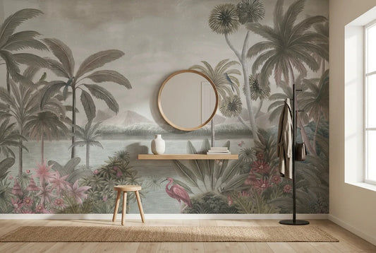 Papel tapiz Selva Canaán instalado en un recibidor de estilo nórdico