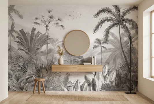 Papel tapiz Selva Gris instalado en un recibidor de estilo nórdico