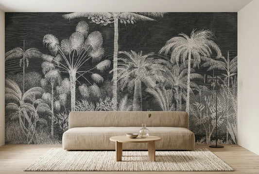 Papel tapiz Selva Nocturna Royal Palms instalado en una sala de estar minimalista