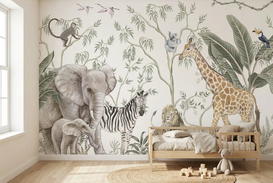 Papel tapiz Selva Safari instalado en una habitación infantil