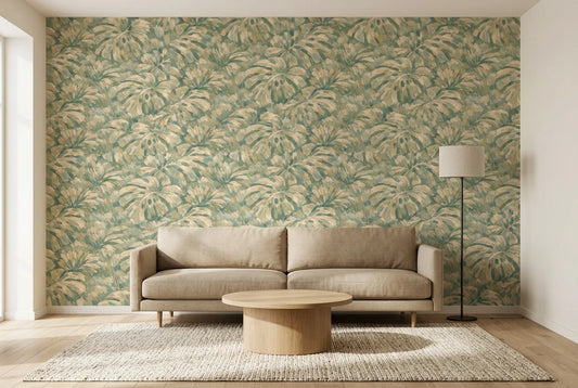 Papel tapiz Selva Serena Empapelados y Patrones instalado en una sala de estar minimalista