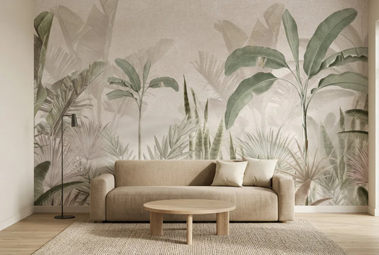Papel tapiz Selva Sumatra instalado en una sala de estar minimalista