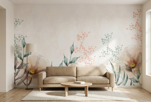 Papel tapiz Spring Bloom instalado en una sala de estar minimalista