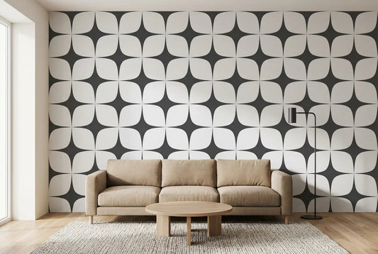 Papel tapiz Stella Retro instalado en una sala de estar minimalista