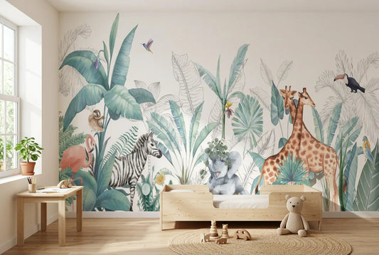 Papel tapiz Tanzania Safari instalado en una habitación infantil