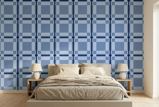 Papel tapiz Tartán Azul instalado en un dormitorio sereno