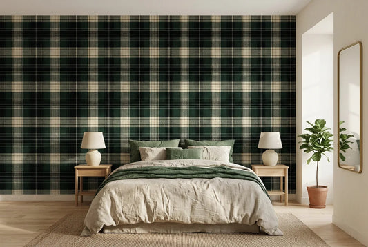 Papel tapiz Tartán Highland instalado en un dormitorio sereno