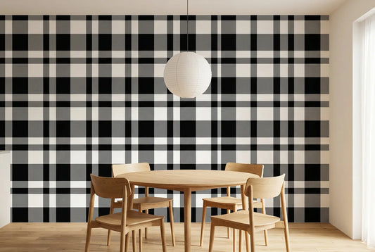 Papel tapiz Tartán Monocromo instalado en un comedor luminoso