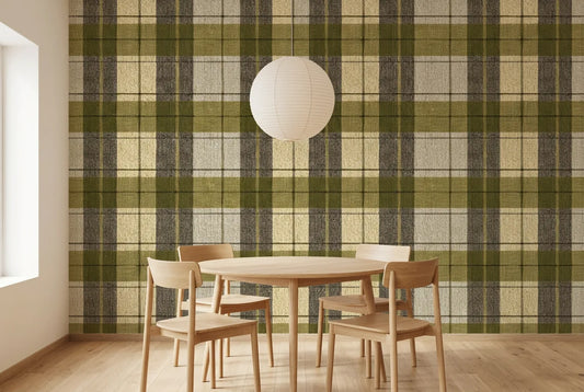 Papel tapiz Tartán Oliva Empapelados y Patrones instalado en un comedor luminoso