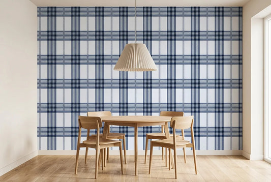 Papel tapiz Tartán Oxford instalado en un comedor luminoso