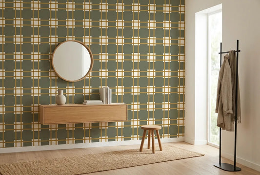 Papel tapiz Tartán Retro instalado en un recibidor de estilo nórdico