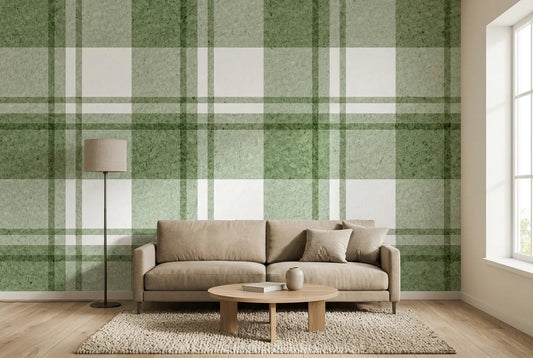Papel tapiz Tartán Salvia instalado en una sala de estar minimalista