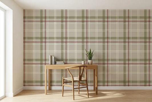 Papel tapiz Tartán Stirling instalado en un espacio de trabajo en casa