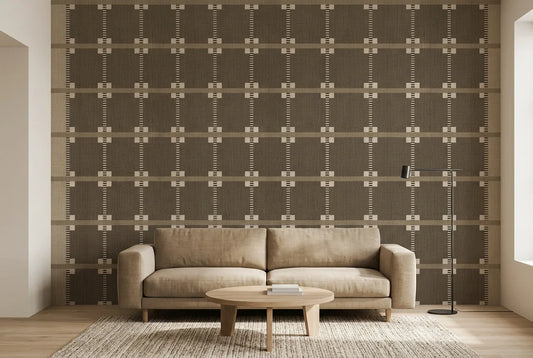 Papel tapiz Telar Sepia instalado en una sala de estar minimalista