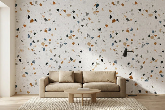 Papel tapiz Terrazzo Bianco instalado en una sala de estar minimalista