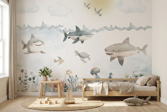 Papel tapiz Tiburoncitos instalado en una habitación infantil